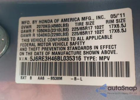 2011 Honda Cr-V Se from USA, damaged, VIN 5J6RE3H46BL035316